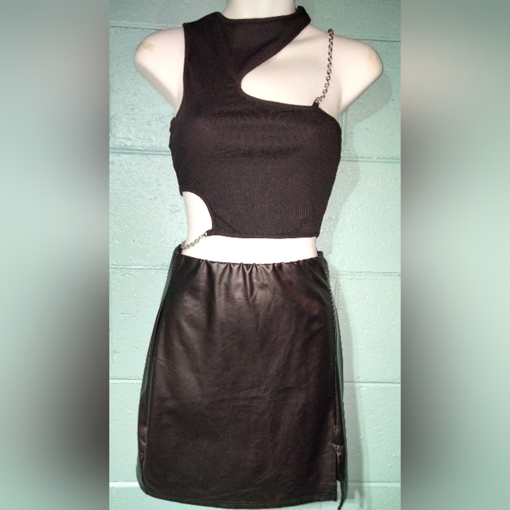 NWOT Edgy Cutout Top & Mini Faux Leather Skirt Set